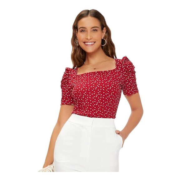 New SheIn‎ Women's Puff Sleeve Allover Heart Print Tee Shirt Top - Size Small - Picture 6 of 6